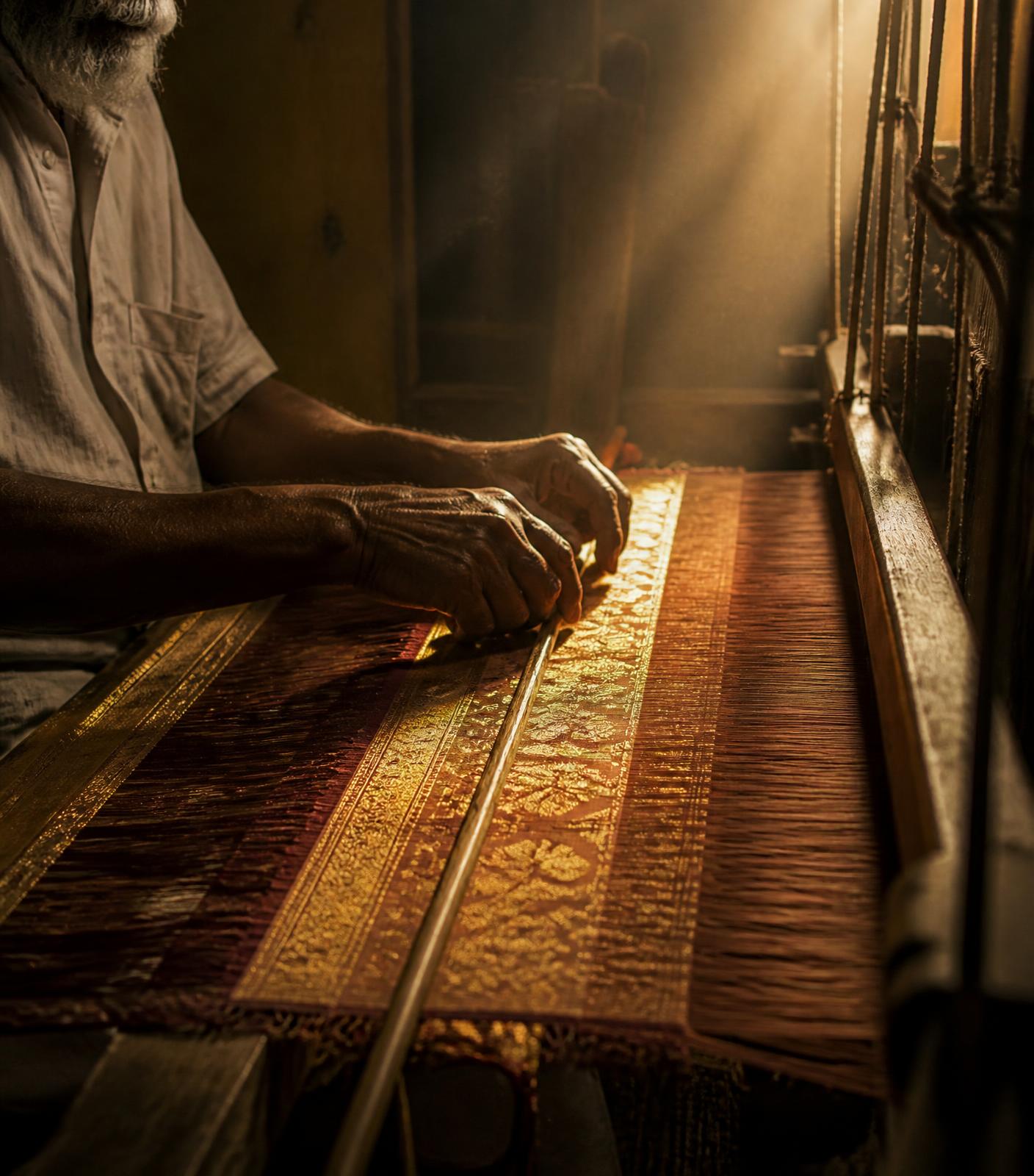 A master weaver at a wooden pit loom, weaving gold zari into silk