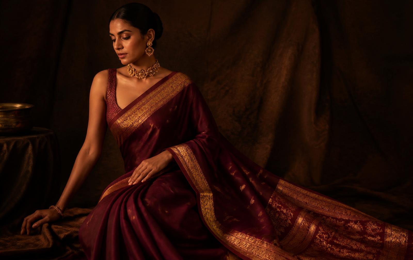 Handwoven Banarasi silk saree in deep maroon