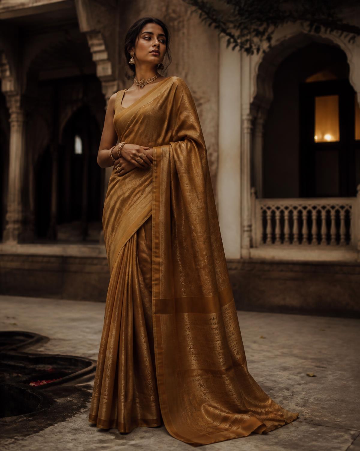 Model in an ochre gold handloom saree in a haveli courtyard at dusk